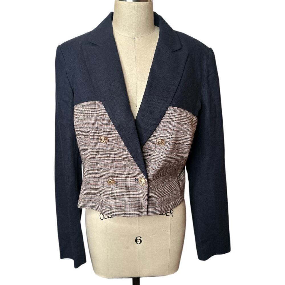 Jason Wu Navy Tan Plaid Cropped Double Breasted Jacket Blazer Women's Size M NWT